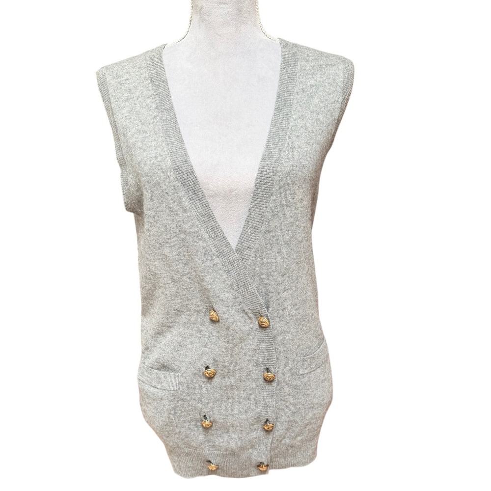 J.Crew Wool Cashmere Double Breasted Sweater Vest Gray M Gold Crest Buttons